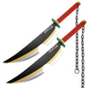 A replica bamboo anime katana with a red grip and black blade is shown, suspended by a chain.