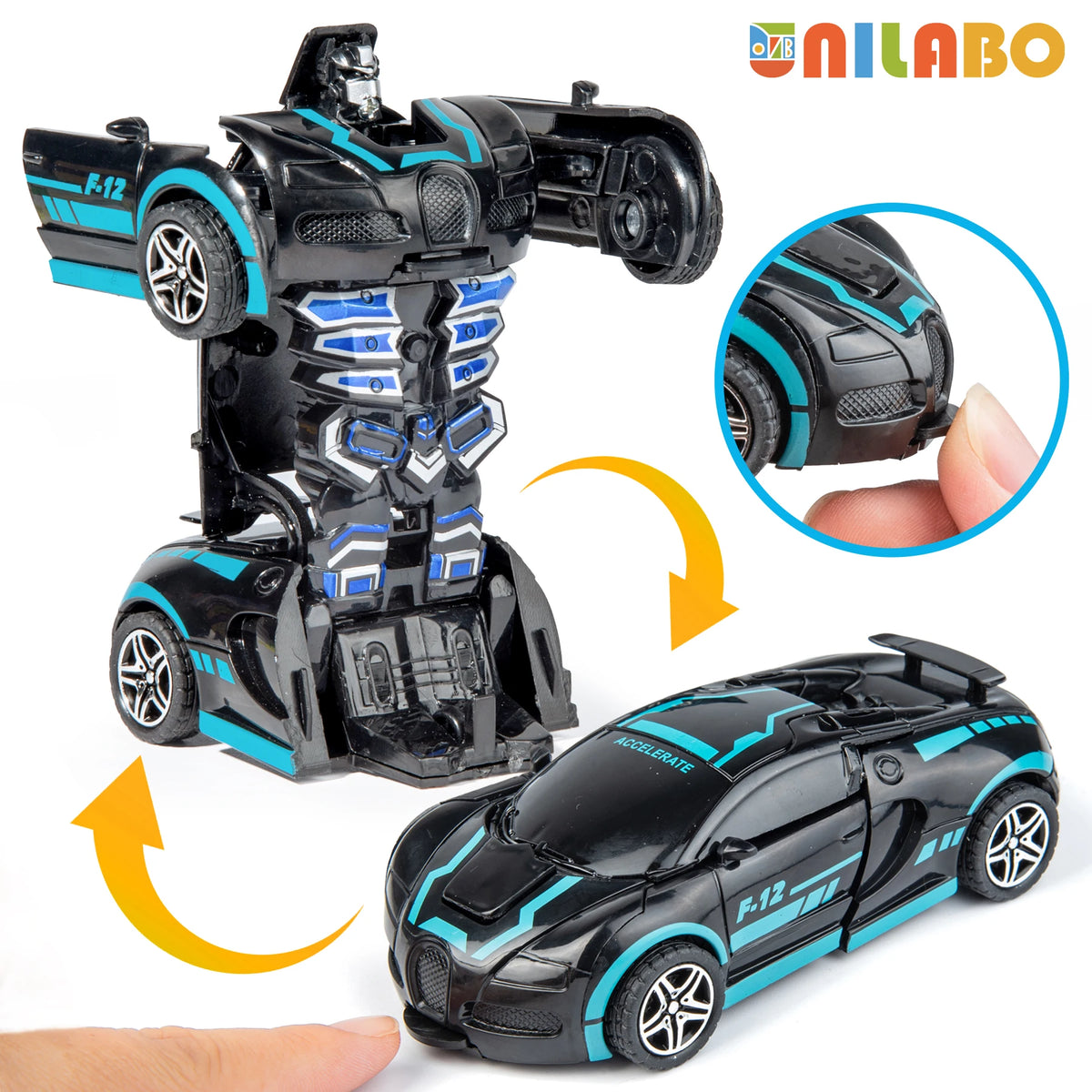 A black and blue transformable robot sports car toy F-12 model shown in various forms.