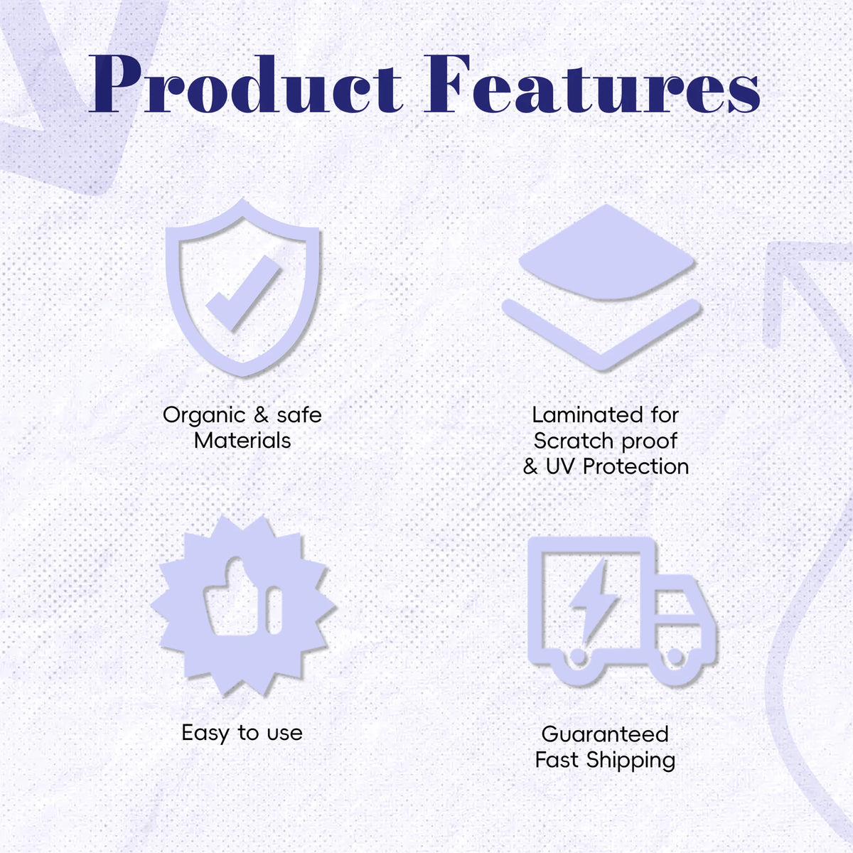 Product features list showing organic materials, lamination for scratch and UV protection, ease of use, and guaranteed fast s