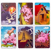 A set of eight cards featuring humorous illustrations of a pig in various chaotic and party-themed scenarios.