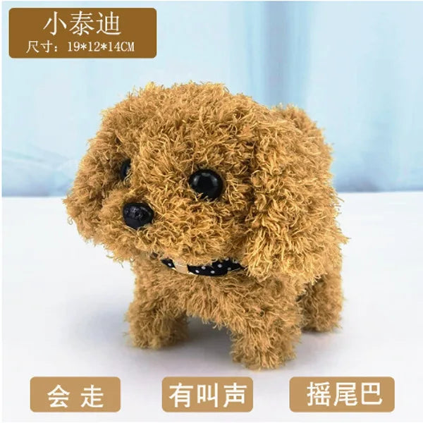 A fluffy brown plush dog toy with black eyes and a mouth, displayed on a white surface.