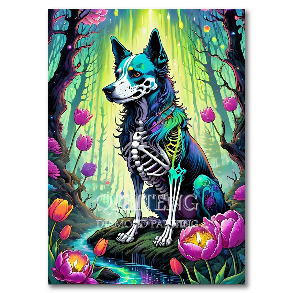 A vibrant illustration of a fierce owl with glowing eyes and skeletal features surrounded by lush pink and green foliage.