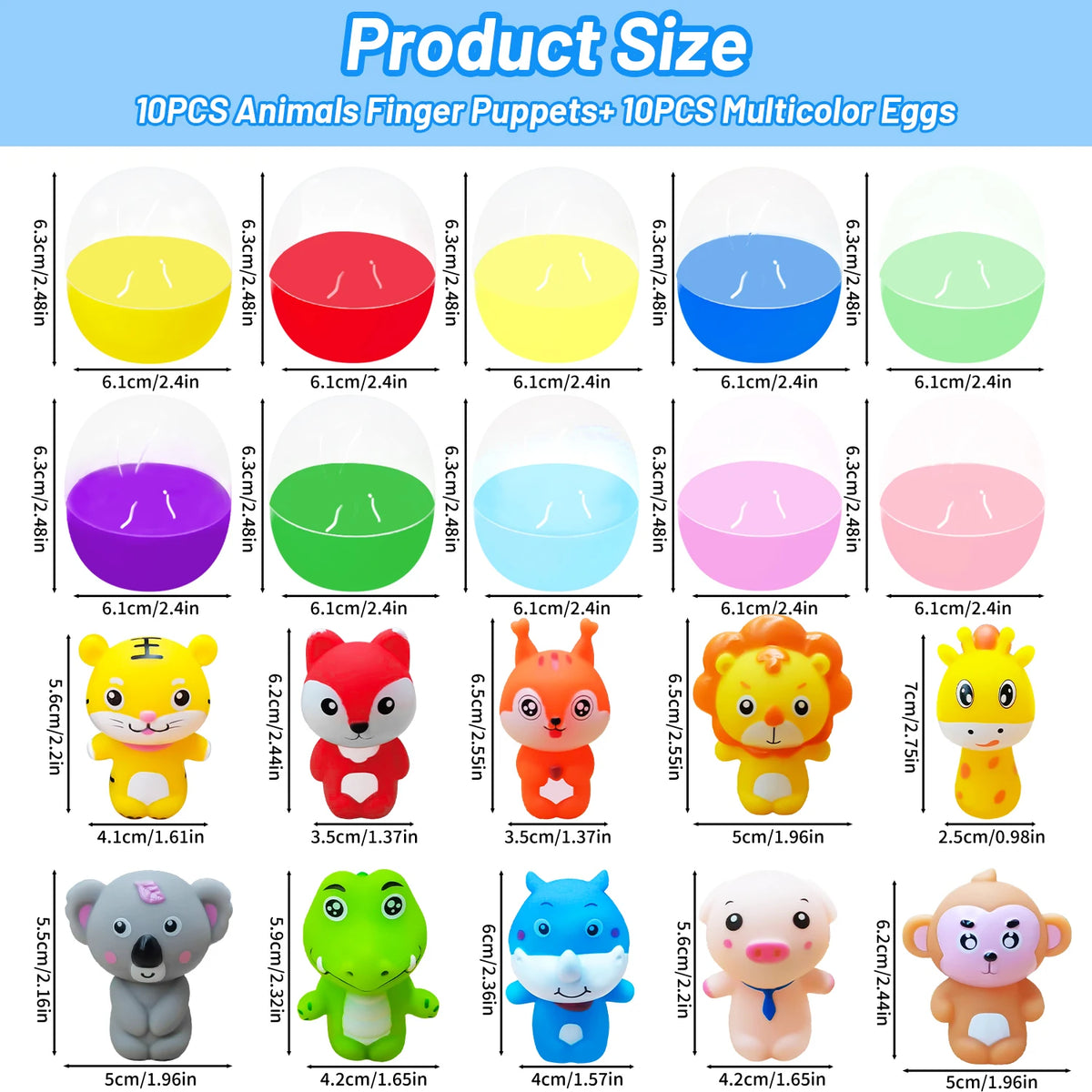 A collection of ten soft rubber animal finger puppets and ten multicolor eggs displayed in a product size graphic.