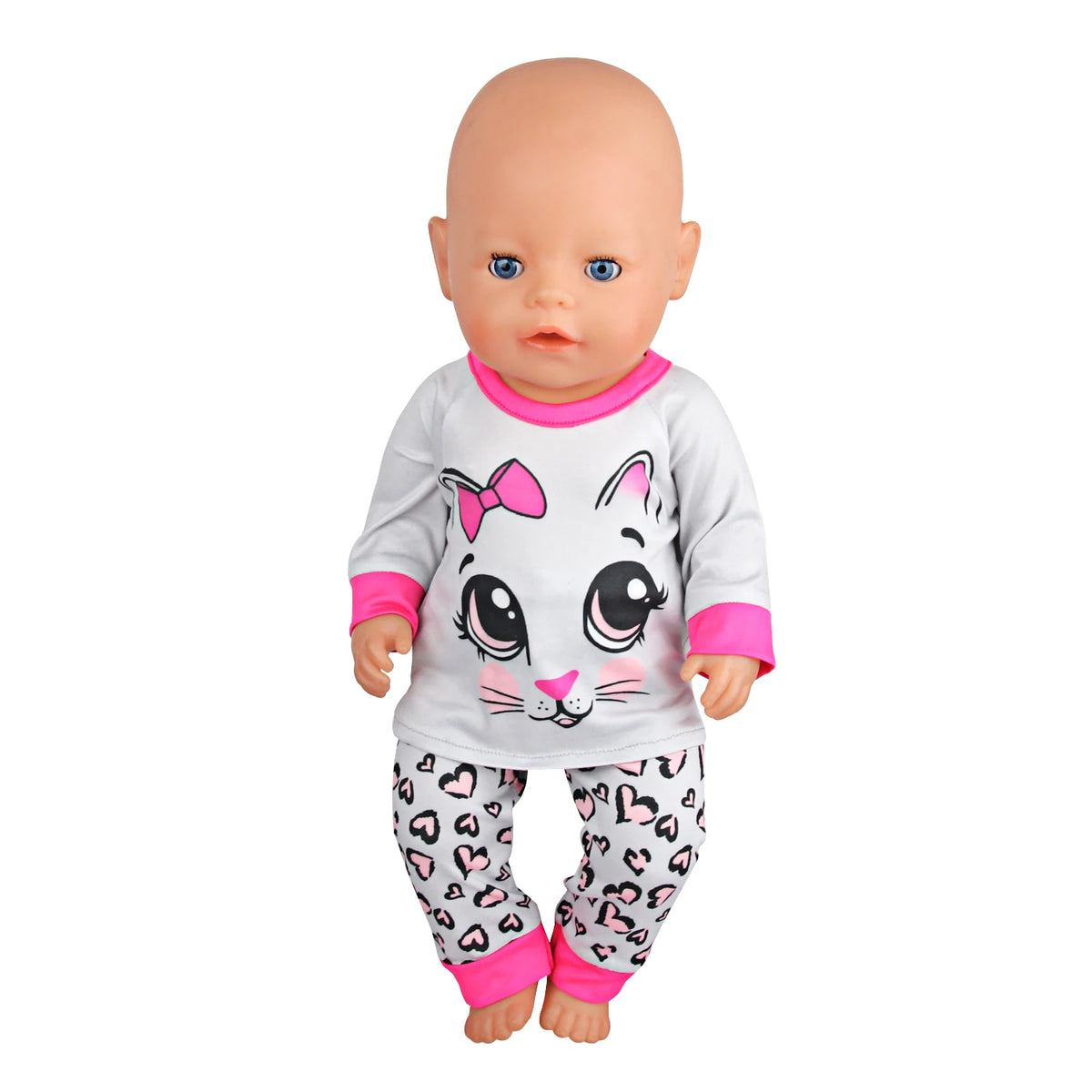 A baby doll wearing a white long-sleeved shirt with a pink collar and a cat face design, paired with patterned leggings.