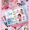 A collection of Kawaii Showa Diary die-cut sticker sheets and a diary book with decorative elements.