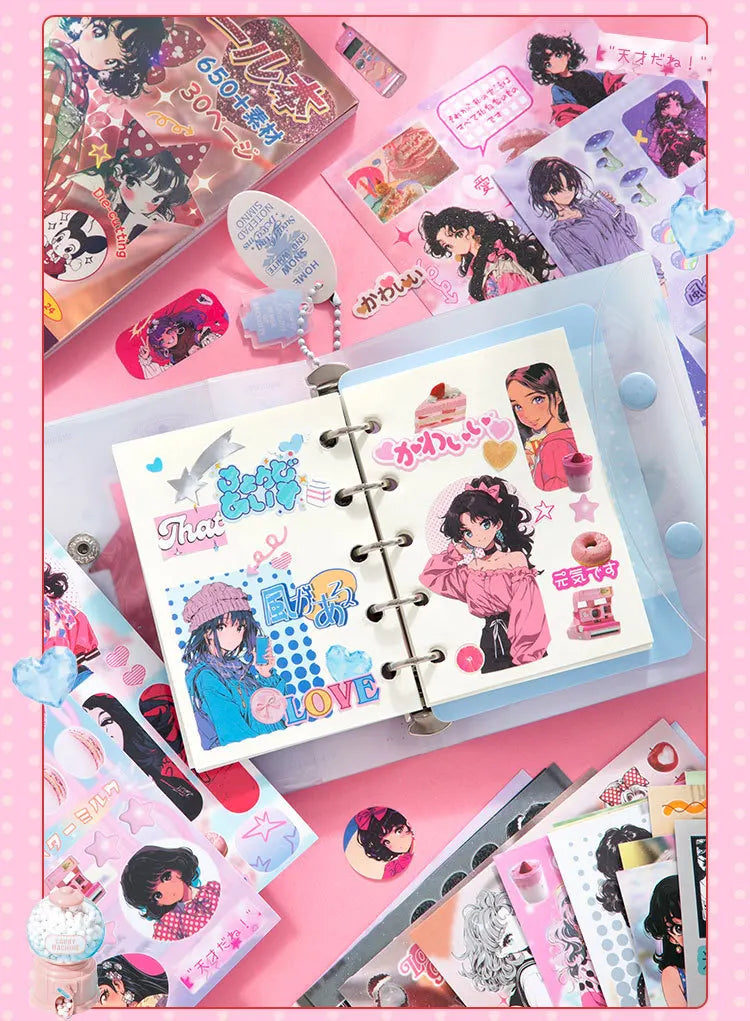 A collection of Kawaii Showa Diary die-cut sticker sheets and a diary book with decorative elements.