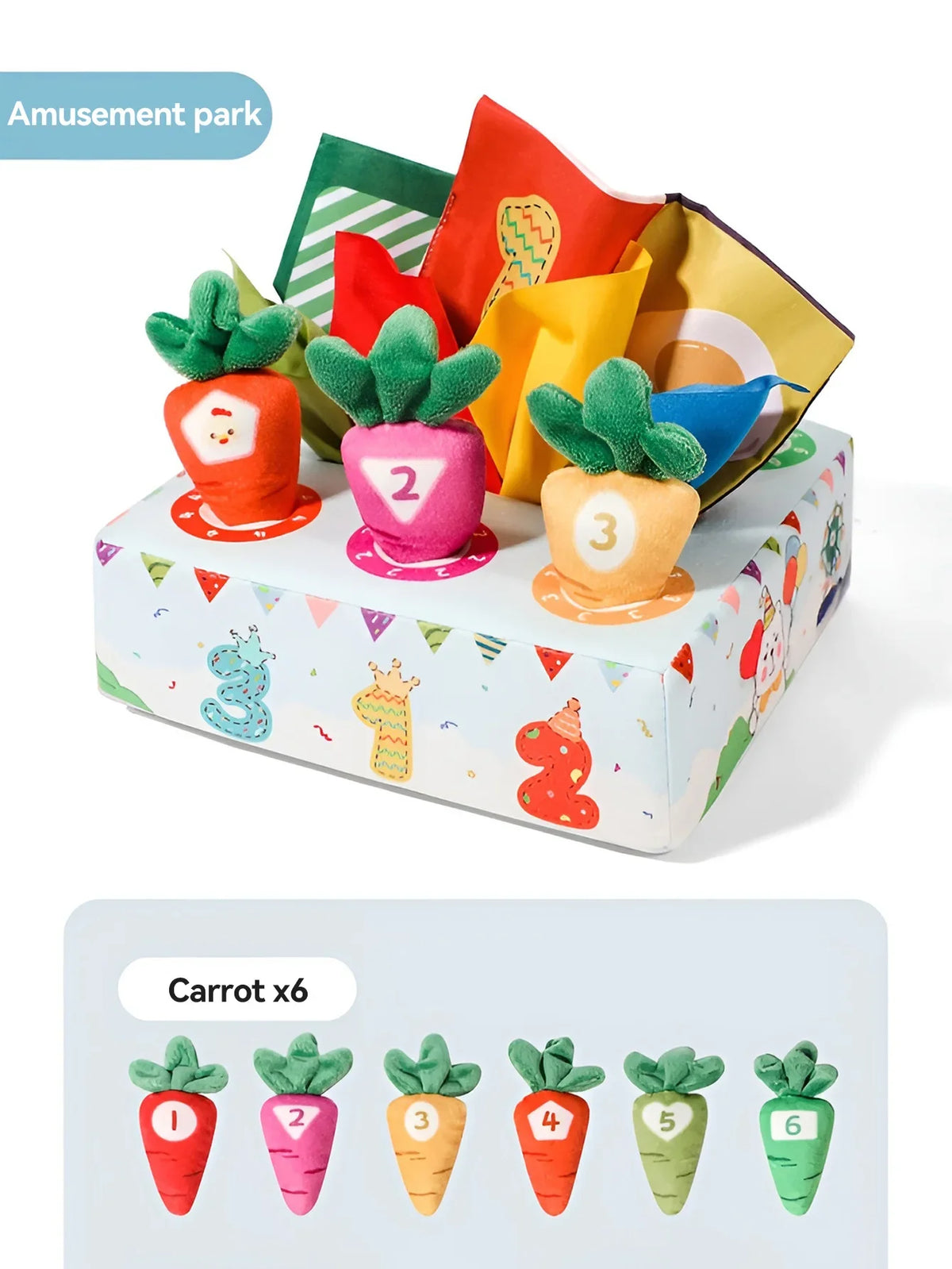 A box of six soft pulling carrot sensory toys with numbered carrots inside.