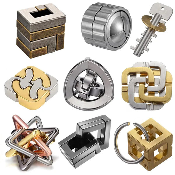 A collection of metal brain teaser puzzles and logic challenges including cube blocks, cylindrical puzzles, and interlocking 