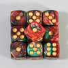 A set of ten multicolor acrylic dice with rounded corners and gold dots, arranged in a row.