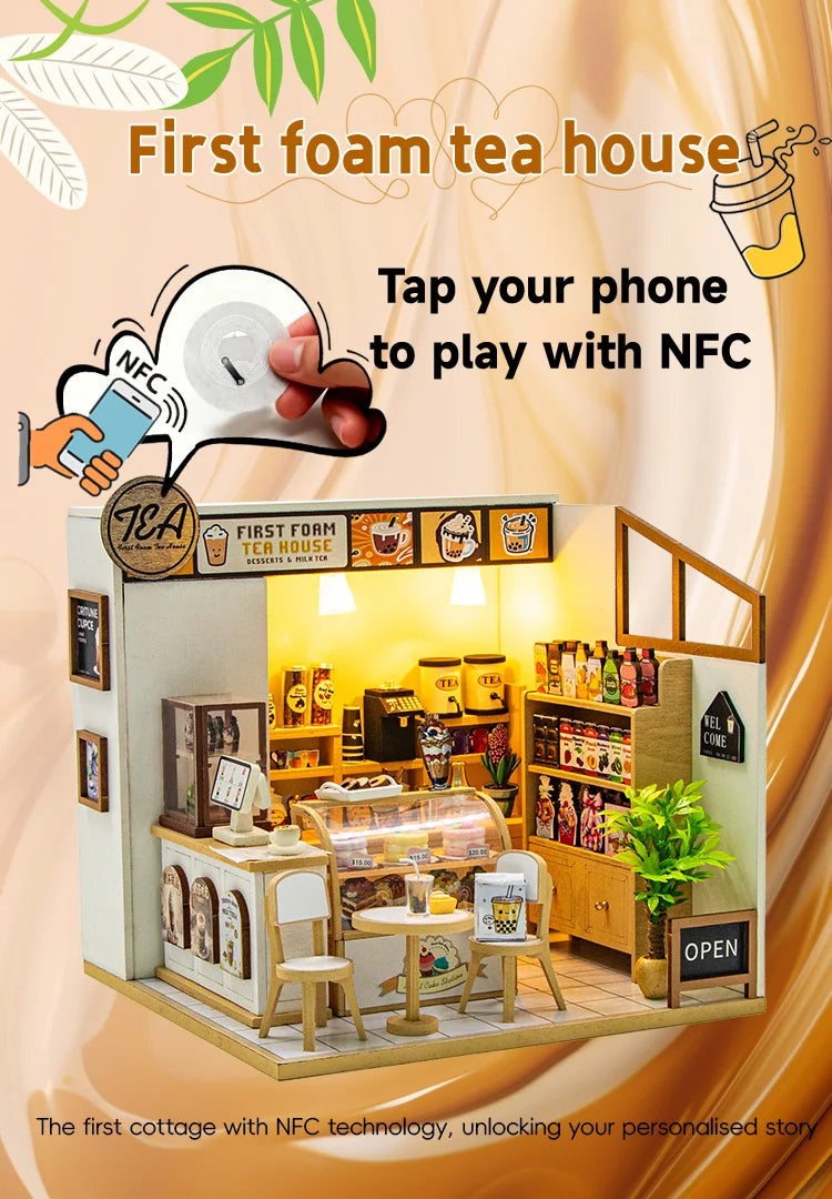 A miniature tea house display featuring a wooden dollhouse kit and NFC technology for personalized stories.