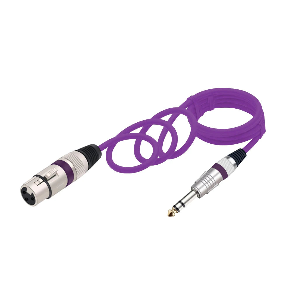 Purple professional XLR to 6.35mm audio cable with a coiled wire and a connector tip.