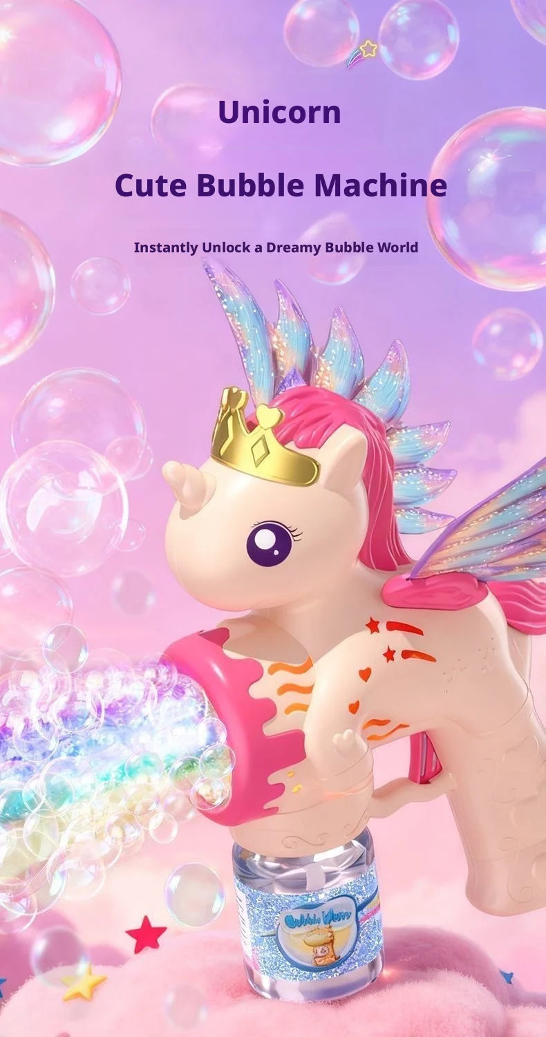 A cute unicorn toy is shown spraying colorful lights and bubbles in a clear bottle against a pink background.