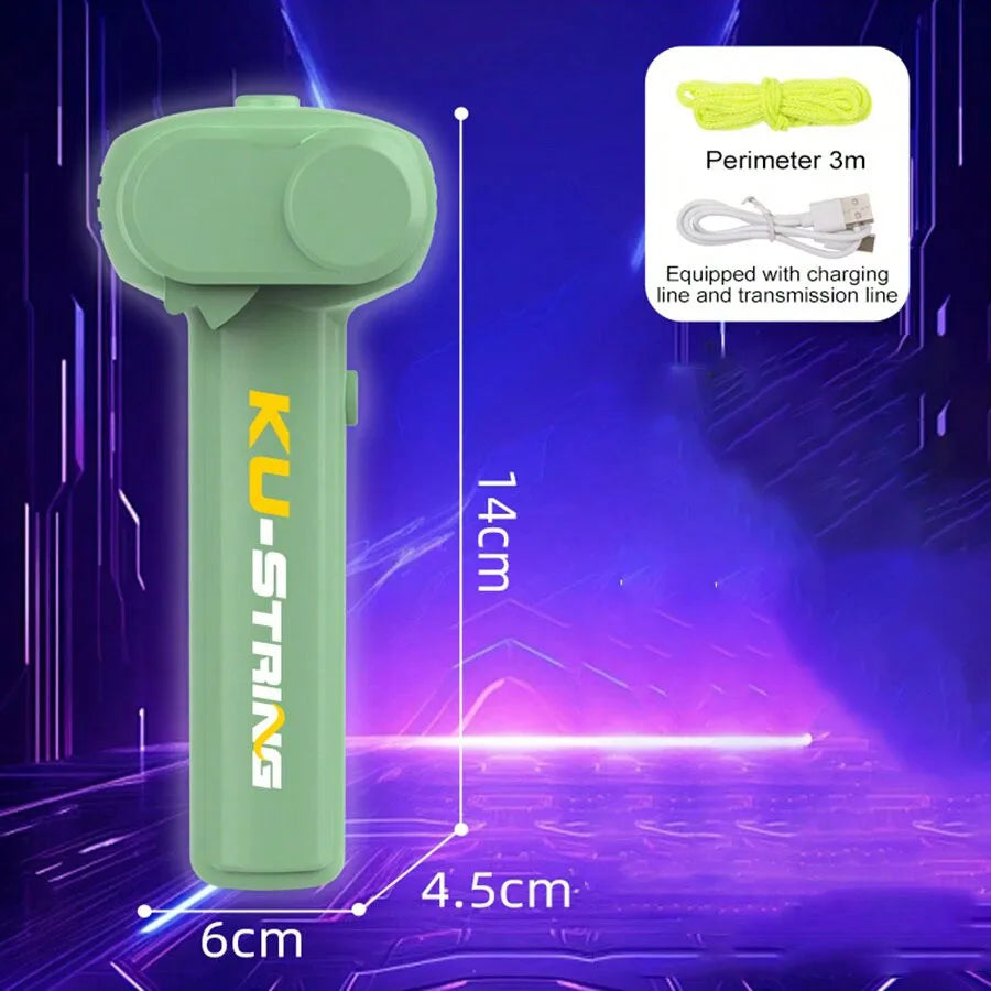Lanceur à corde vert lime avec cordon long et ligne de transmission sur fond numérique violet.