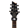 A black electric guitar neck featuring six strings and a custom wolf head inlays.