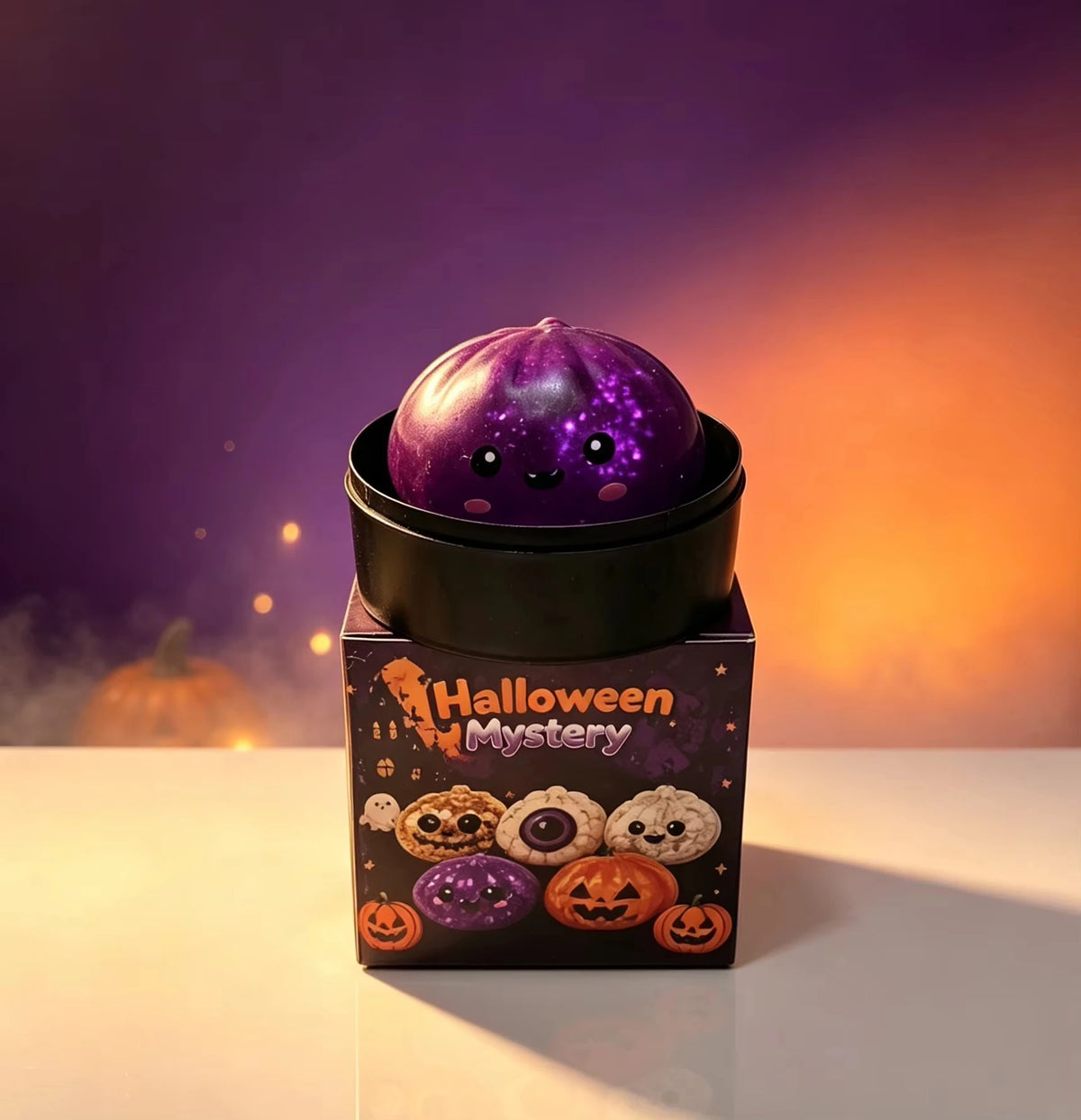 A Halloween mystery box containing purple glitter squishy fidget toys including a pumpkin, eyeball, and skull.