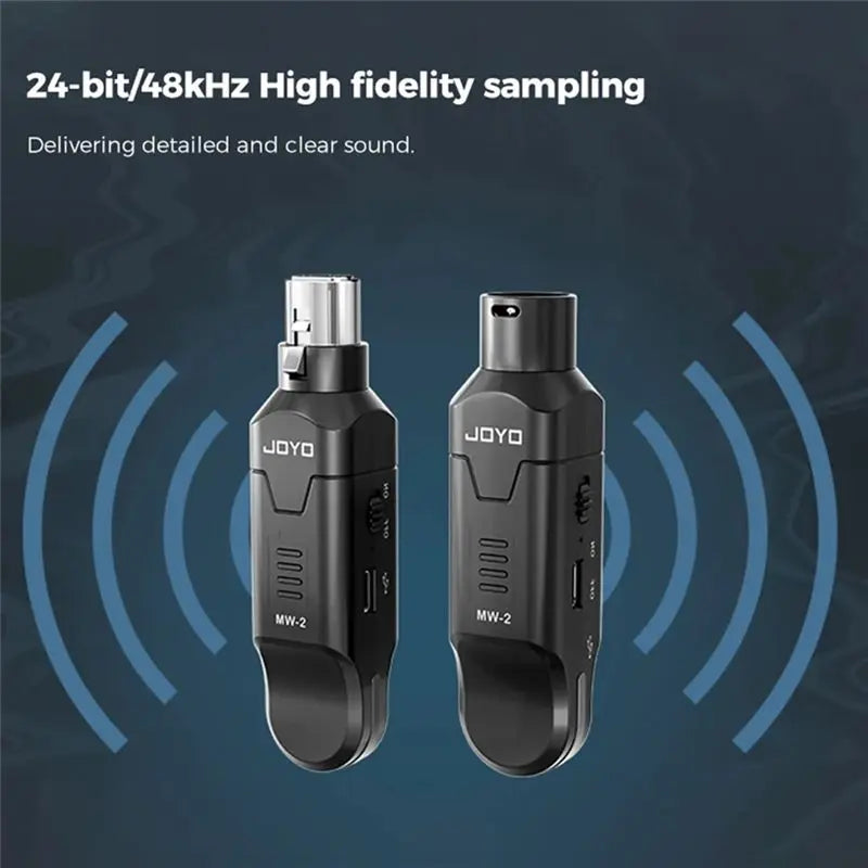 Two black JOYO wireless microphones with silver connectors are shown against a dark background.