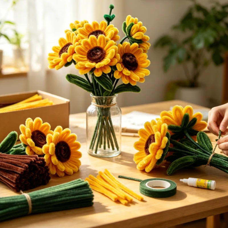 A craft kit showing yellow pipe cleaners shaped like tulips and roses, along with green pipe cleaners and a glass vase.