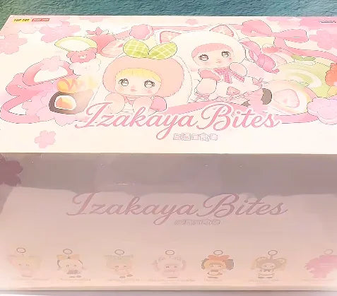 A pink and white blind box featuring plush keychains of various characters from Izakaya Bites.