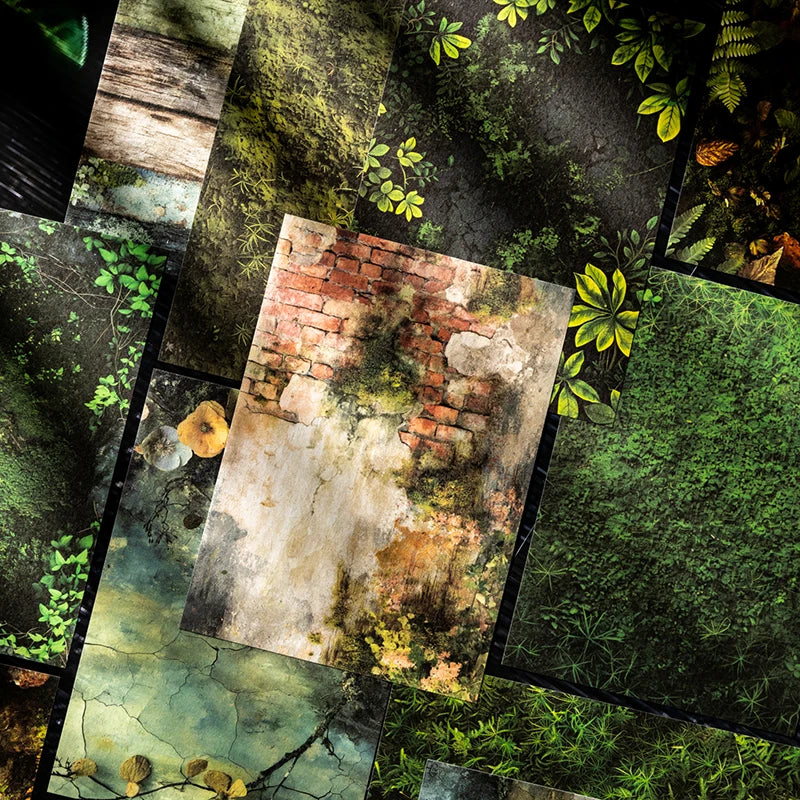 A collage of vintage nature textures including moss, aged paper, and green foliage.