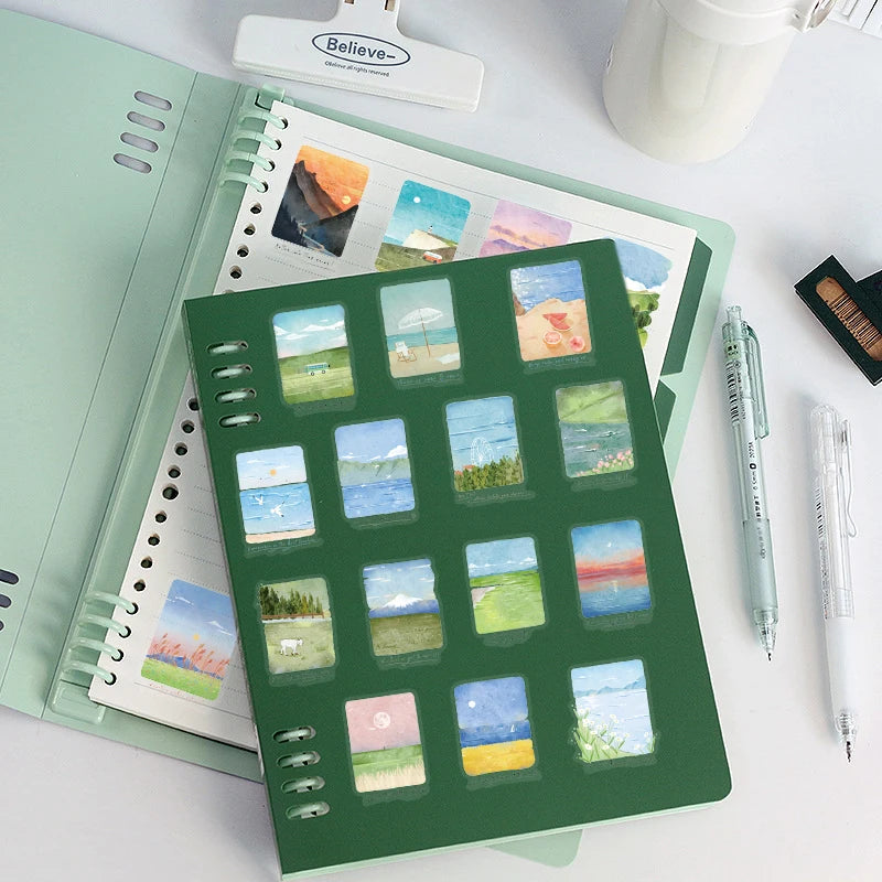 A green sticker pack featuring watercolor illustrations of mountain and sea scenery on a white background.