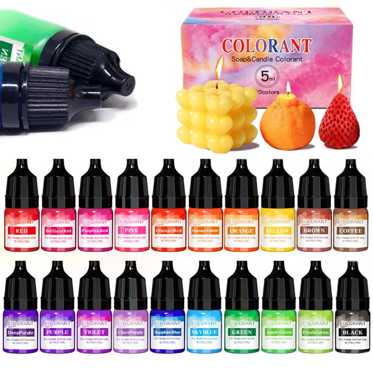 A collection of 20 liquid colorants in glass bottles for soap and candle making, displayed next to a yellow candle and an ora
