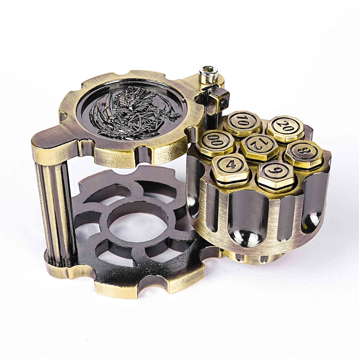 A set of revolver-shaped metal dice used for RPG games, featuring brass and dark metal components.