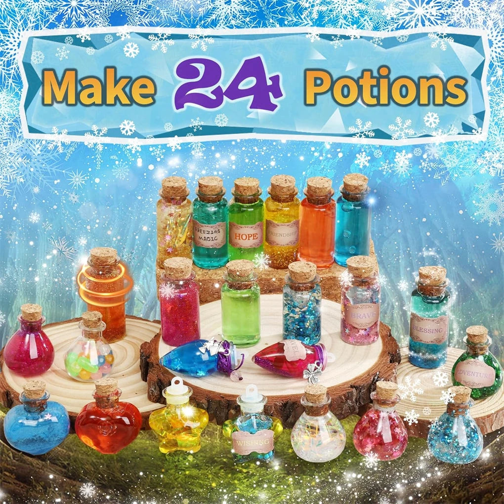 Collection de 24 potions et ingrédients en verre colorés, arrangés sur une surface en bois avec un fond bleu scintillant.