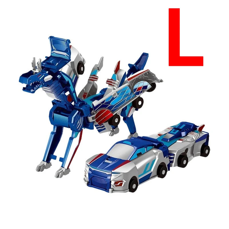 A blue and silver transforming dinosaur car set with magnetic connectors.