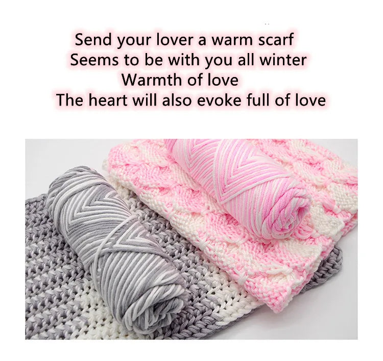 A close-up of pink and gray knitted yarn rolls, showing soft 8 ply knitting yarn for DIY projects.
