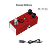 A red guitar pedal labeled Classic Chorus with various knobs and a cable shown below.