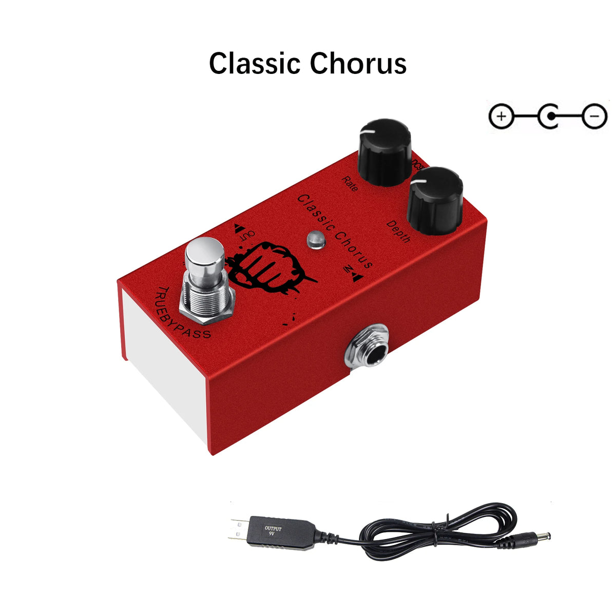 A red guitar pedal labeled Classic Chorus with various knobs and a cable shown below.