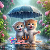 Two fluffy orange kittens holding an umbrella in a rainy garden setting for a diamond painting kit