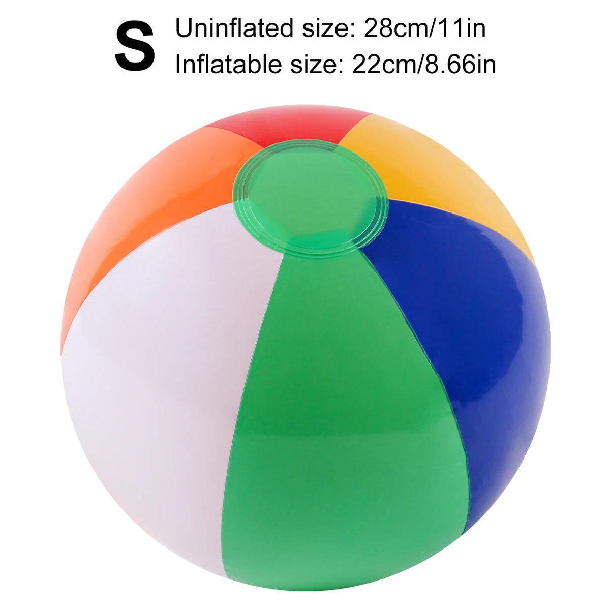 Rainbow inflatable beach ball with white, green, orange, and blue sections