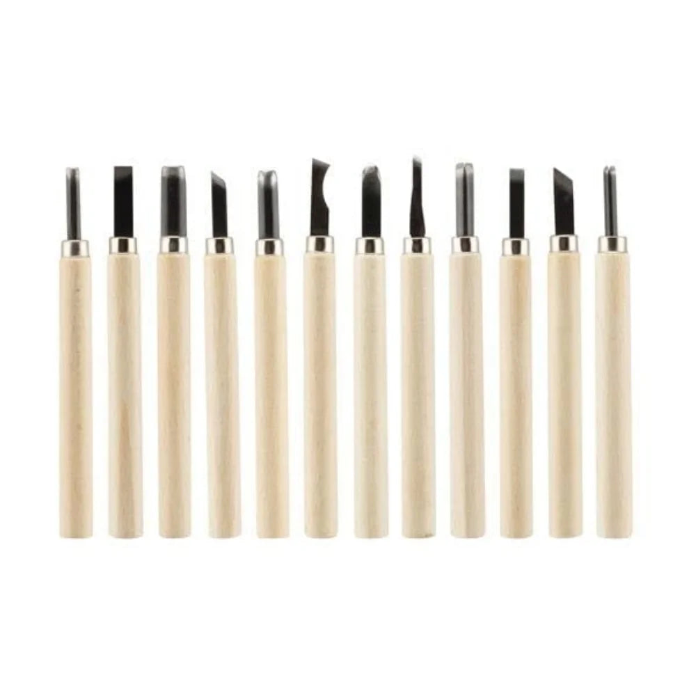 A set of professional wood carving chisels with SK5 steel blades arranged in a row.
