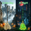 A split image showing a ghostly figure flying over a castle in daylight and at night, with an animated witch broom glowing gr