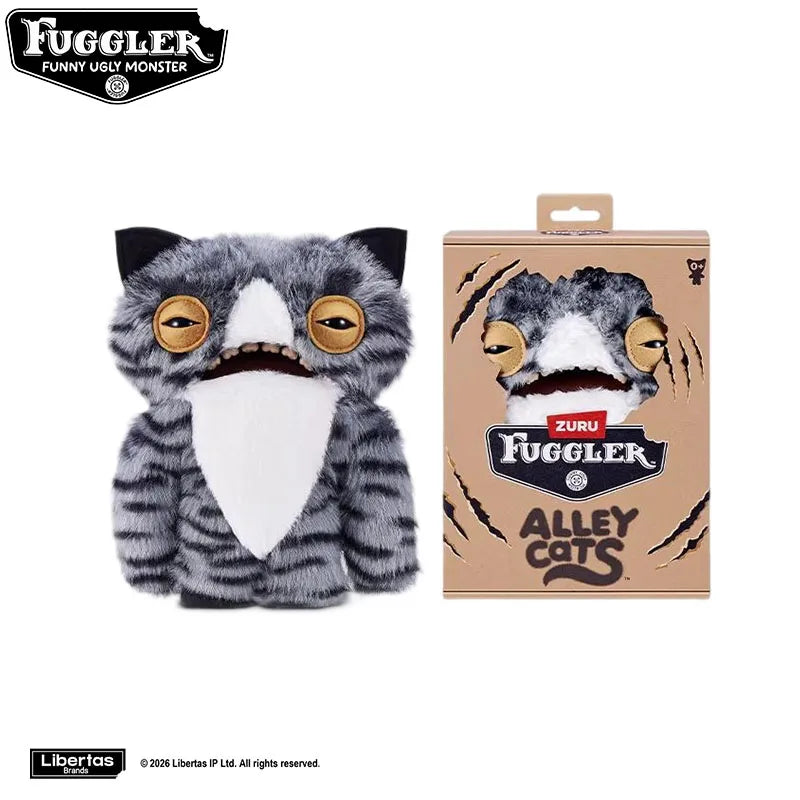 A plush toy of a cat monster with gray fur and large eyes, packaged in a cardboard box.