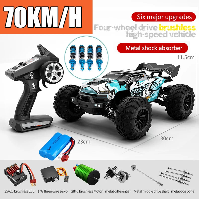 A black brushless 4WD monster truck RC car is shown with various upgrades and accessories.