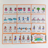 A set of orange flashcards showing various verbs and their past tense forms for children's grammar learning.