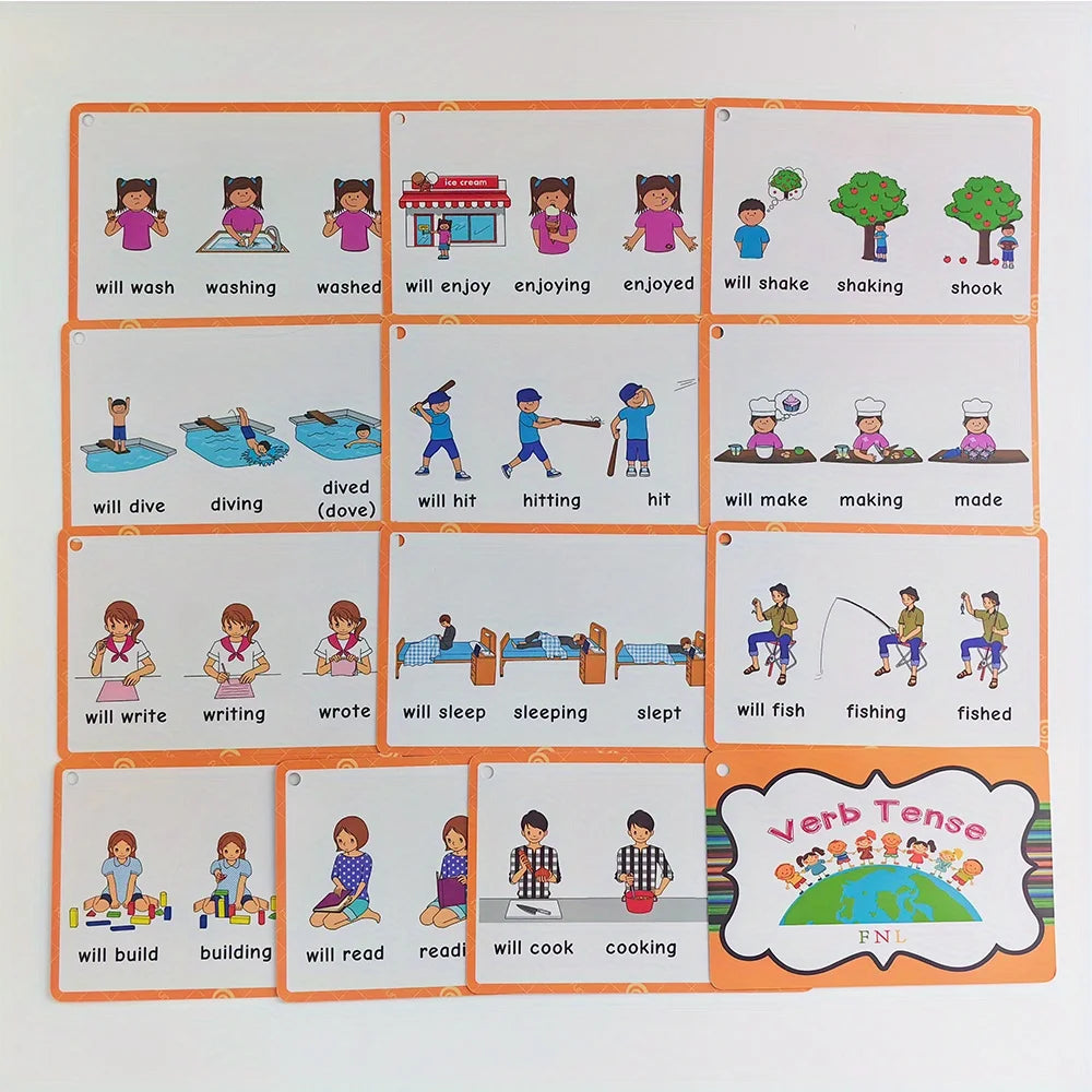 A set of orange flashcards showing various verbs and their past tense forms for children's grammar learning.