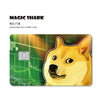 A yellow dog face design on a green stock market chart background for a Magic Shark credit card skin.