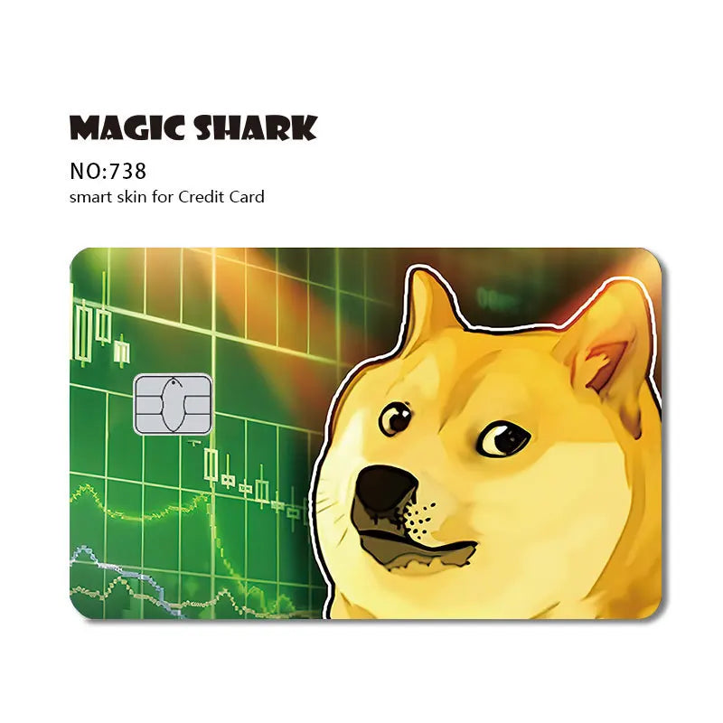 A yellow dog face design on a green stock market chart background for a Magic Shark credit card skin.