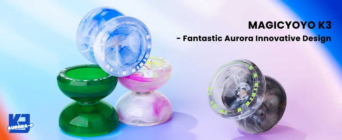 Collection de yoyos en verre iridescents de différentes couleurs, y compris bleu, vert et rose.