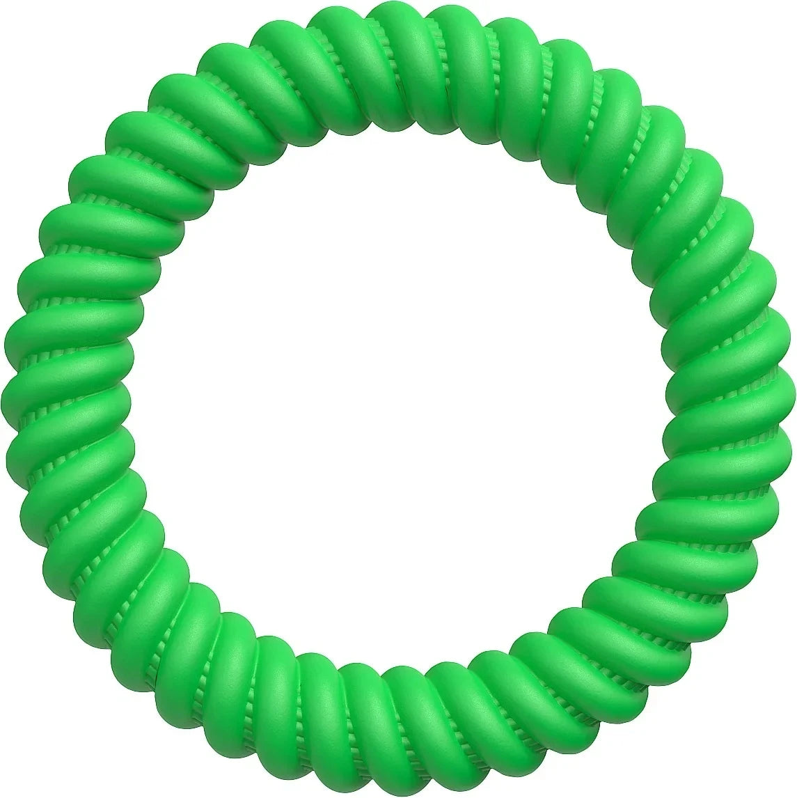 A green silicone sensory fidget bracelet set coiled into a circular shape.