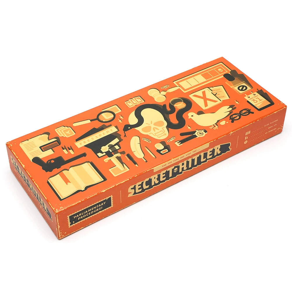 A rectangular box for the Secret Hitler card game featuring historical and thematic illustrations.