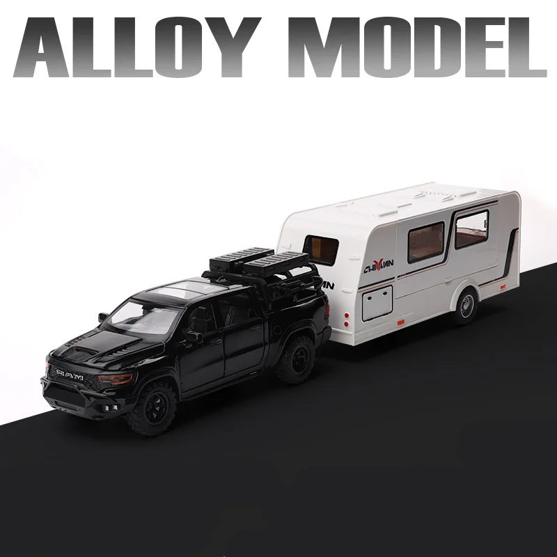 A black diecast model of an RV camper truck is shown next to a white model, with the title Alloy Model visible.