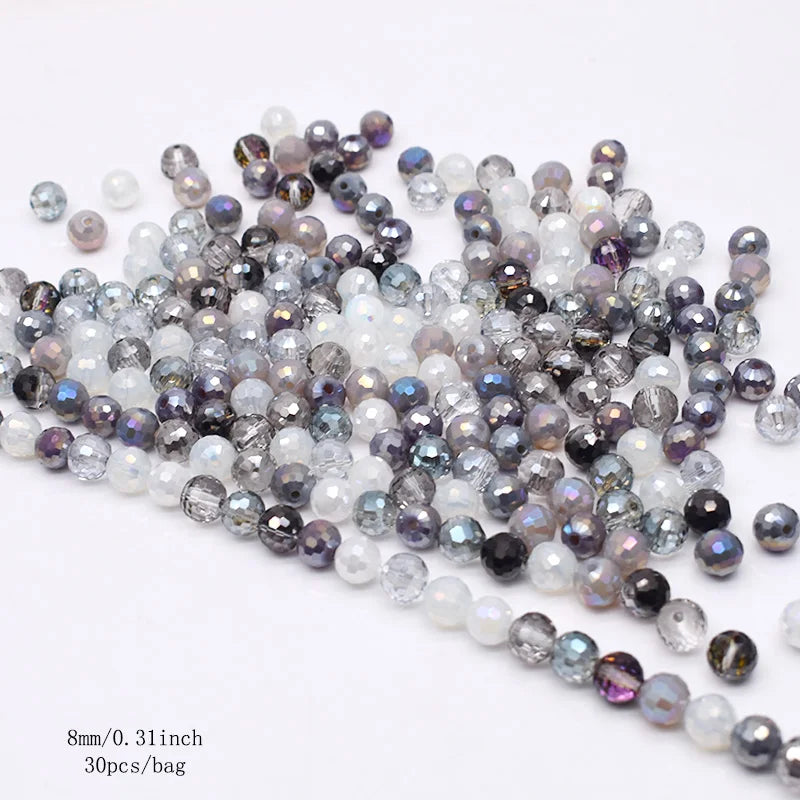 Faceted Round Crystal Glass Beads - 8mm Mixed Colors, 30-Pack