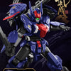 A detailed model kit of an armored figure in blue and red, featuring a large rifle, set against a dark background.