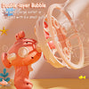 An orange electric bubble machine with a large outlet wrapped with six small outlets, demonstrating the double-layer bubble f