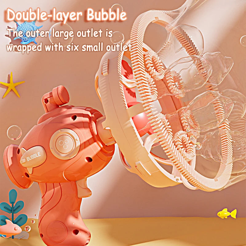 An orange electric bubble machine with a large outlet wrapped with six small outlets, demonstrating the double-layer bubble f