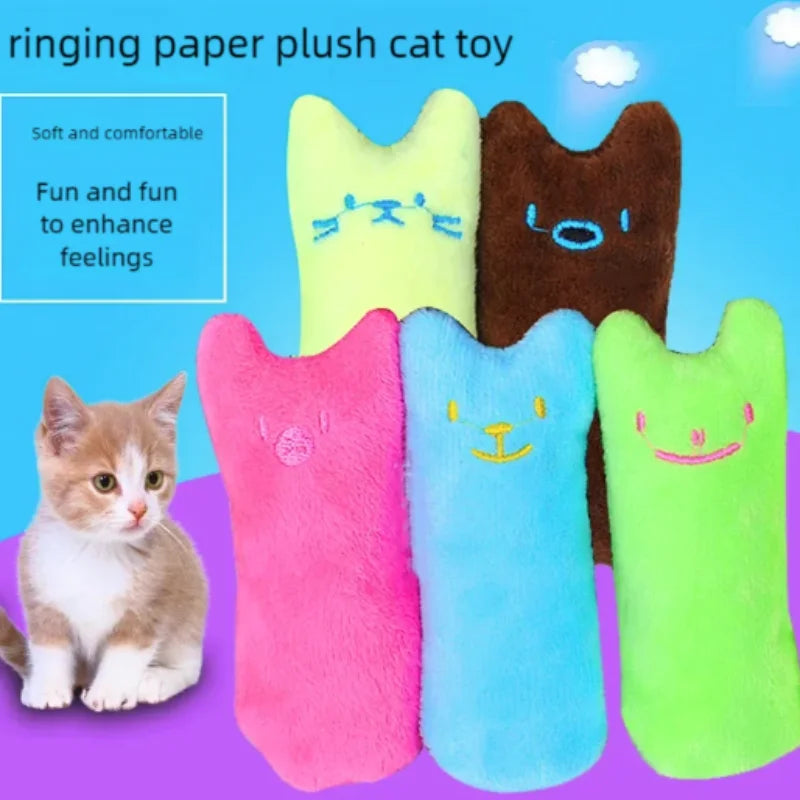 A collection of colorful, soft paper plush cat toys in various shades like yellow, brown, pink, blue, and green.